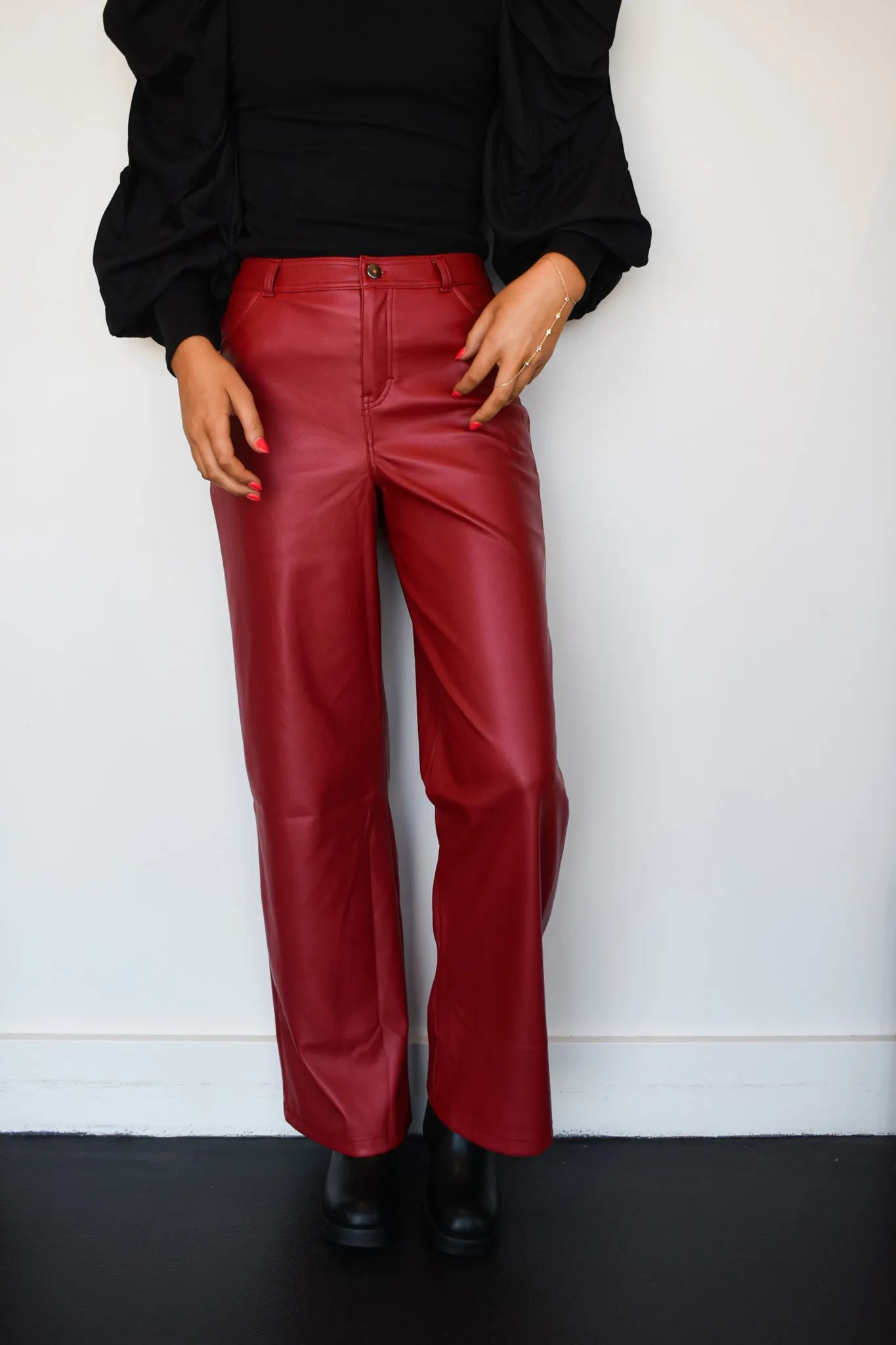 Straight Leg Leather Pants- Crimson