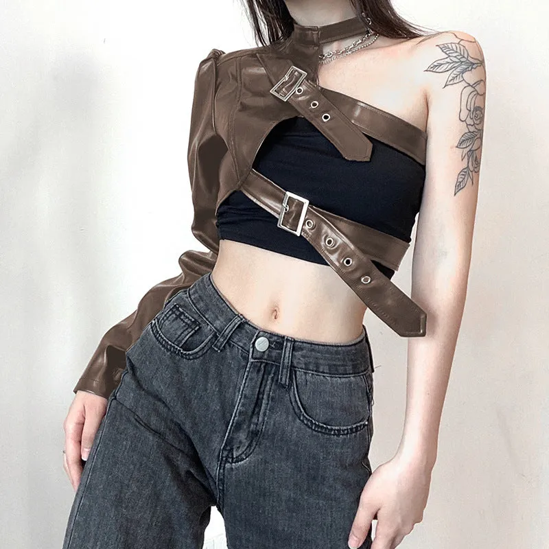 Street hipster metallic adjustable buckle cross chest belt single arm half section balero crop top PU leather