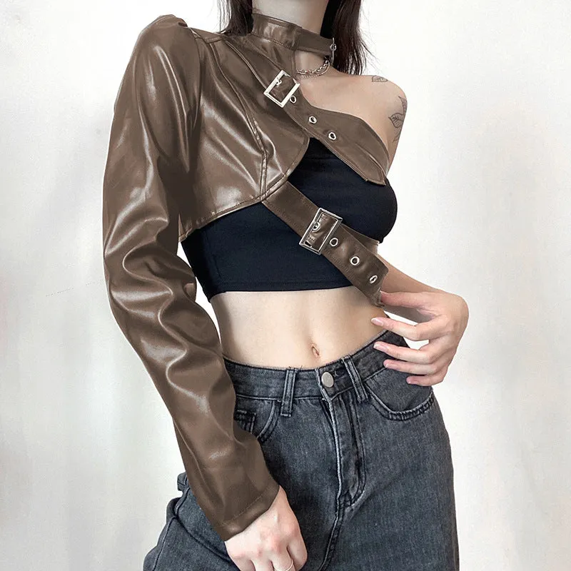 Street hipster metallic adjustable buckle cross chest belt single arm half section balero crop top PU leather