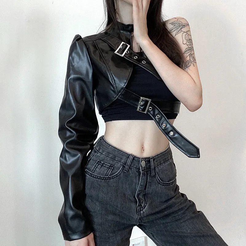 Street hipster metallic adjustable buckle cross chest belt single arm half section balero crop top PU leather