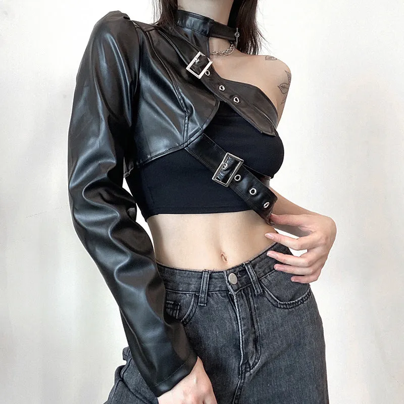 Street hipster metallic adjustable buckle cross chest belt single arm half section balero crop top PU leather