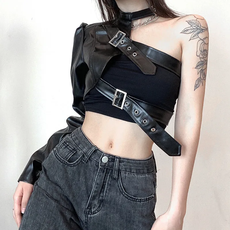 Street hipster metallic adjustable buckle cross chest belt single arm half section balero crop top PU leather