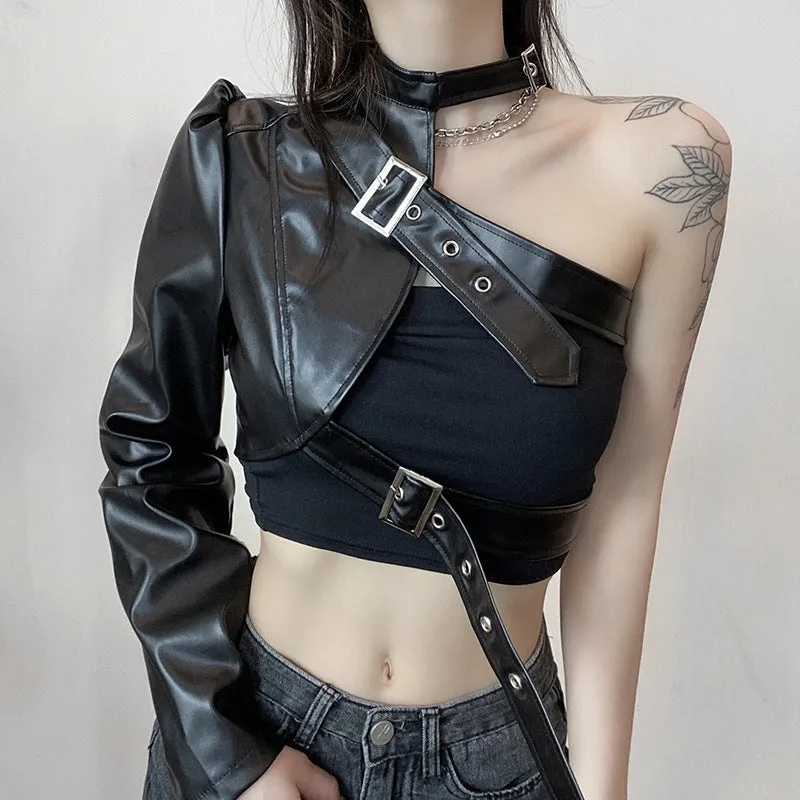 Street hipster metallic adjustable buckle cross chest belt single arm half section balero crop top PU leather