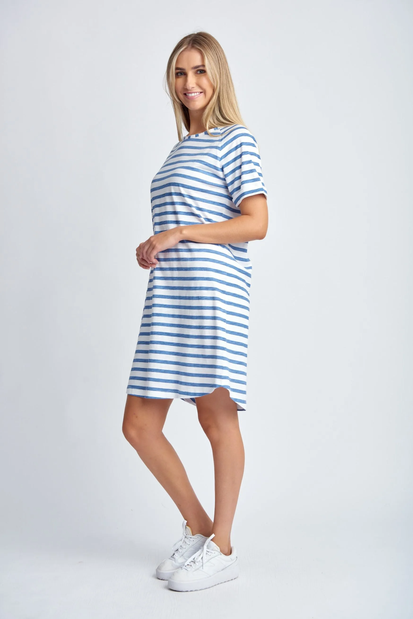 Stripe Raglan Sleeve Cotton Dress White/Deep Blue