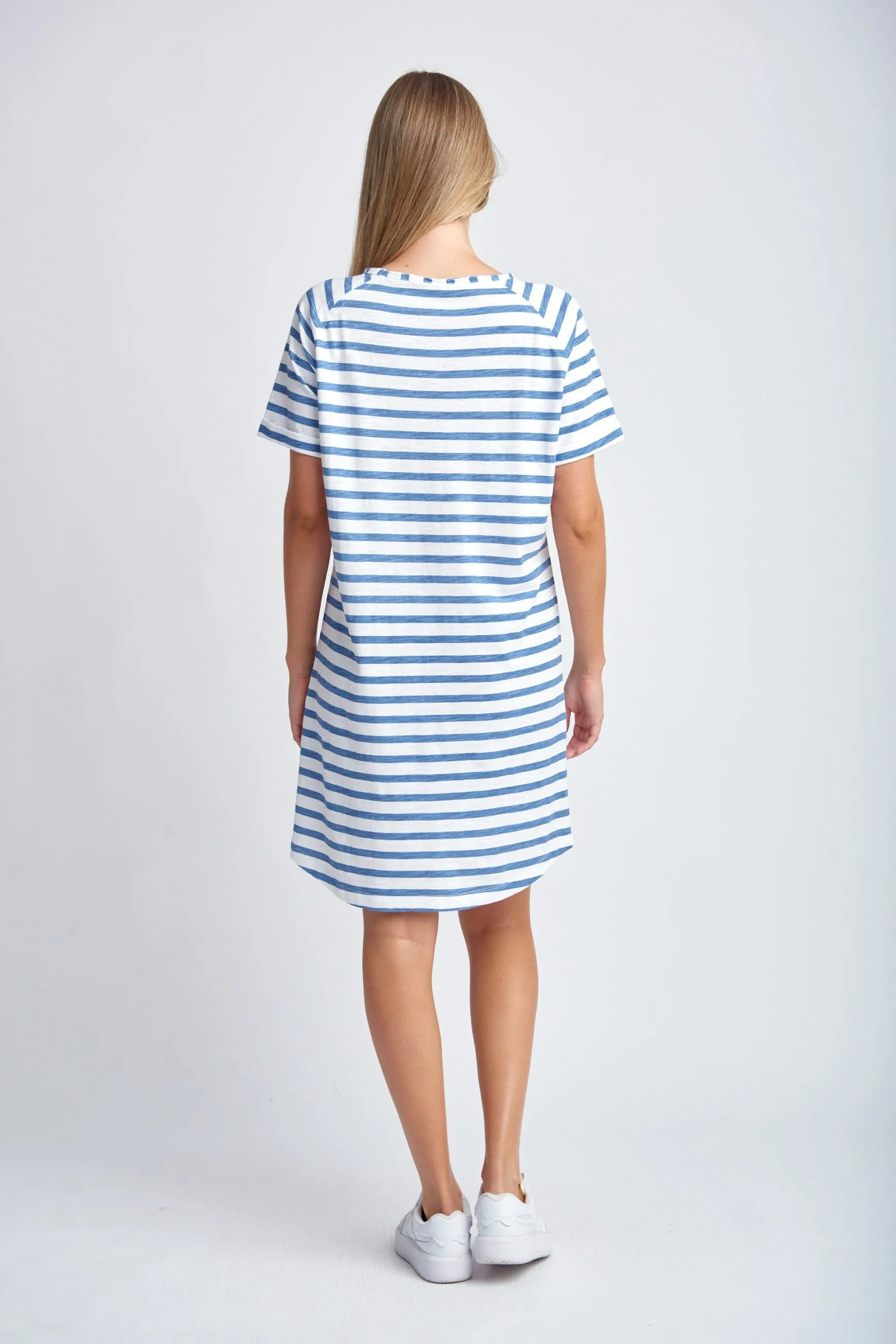 Stripe Raglan Sleeve Cotton Dress White/Deep Blue