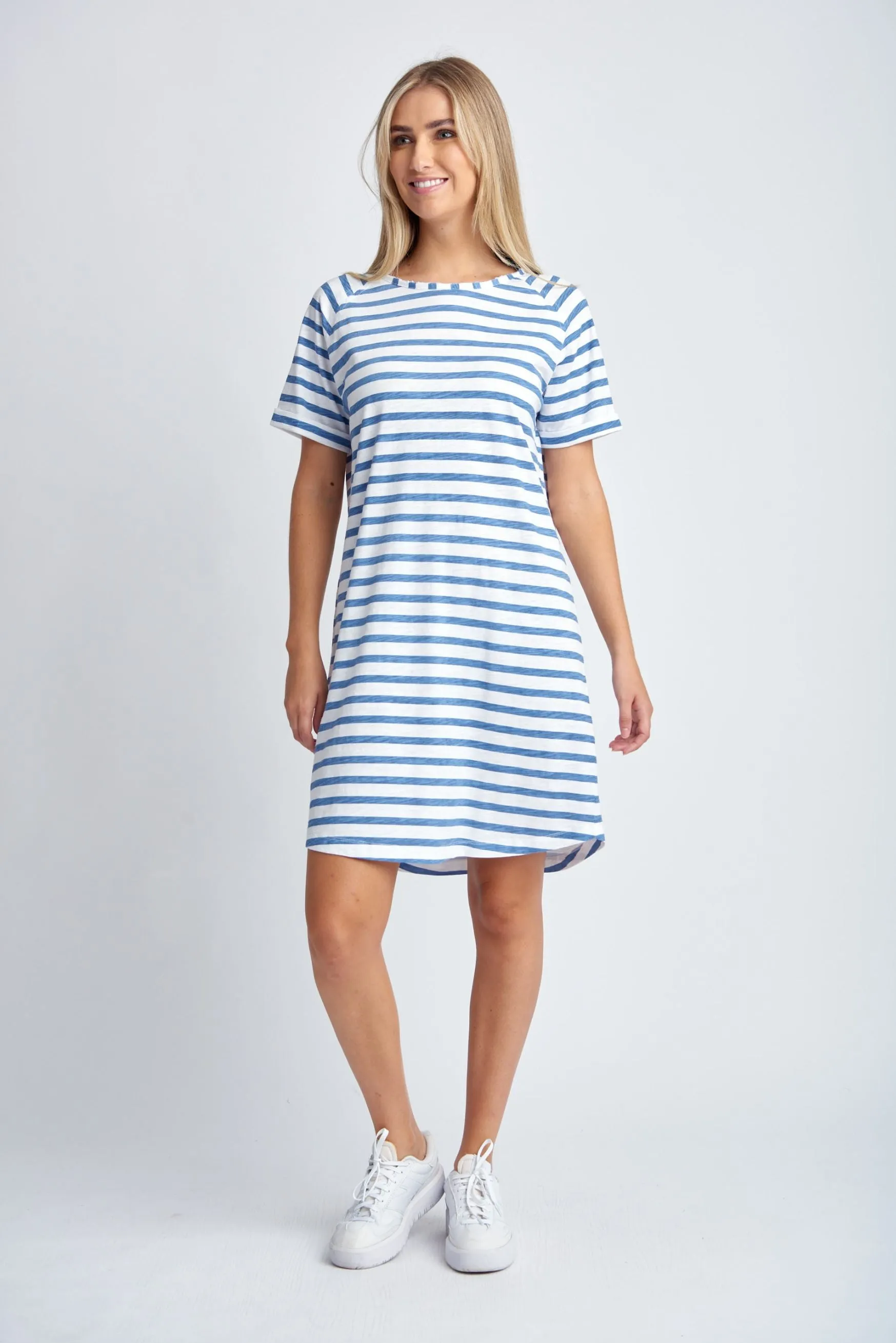 Stripe Raglan Sleeve Cotton Dress White/Deep Blue