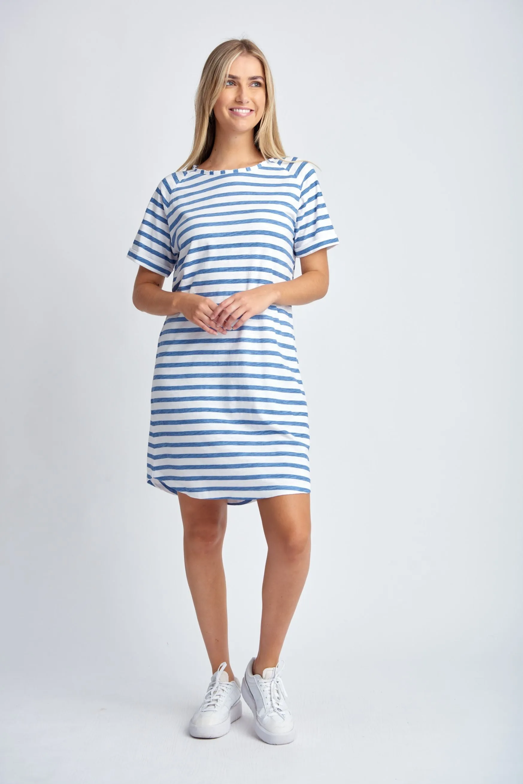 Stripe Raglan Sleeve Cotton Dress White/Deep Blue