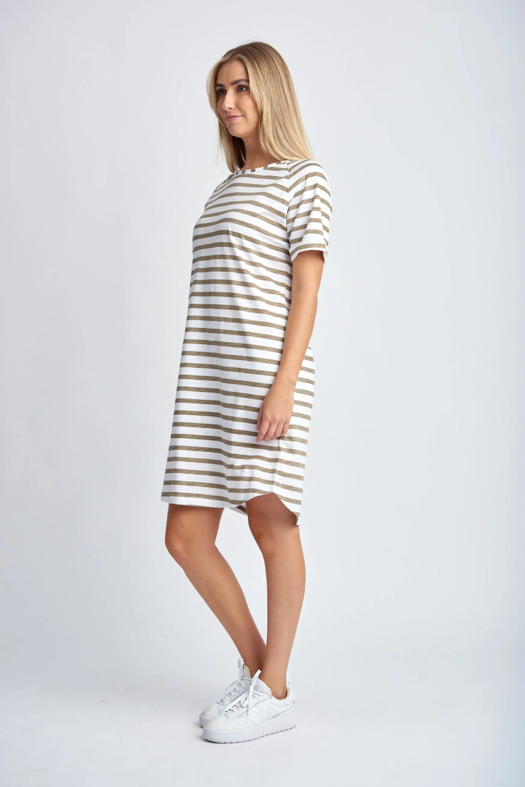 Stripe Raglan Sleeve Cotton Dress White/Twig