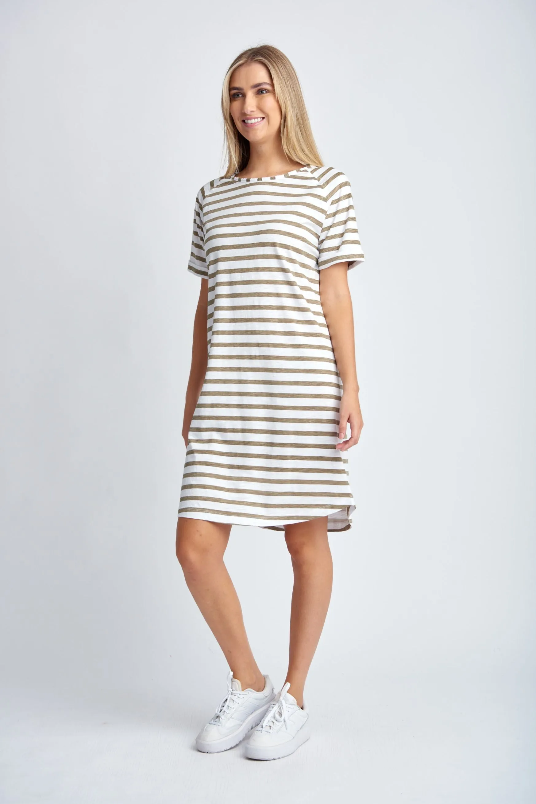 Stripe Raglan Sleeve Cotton Dress White/Twig