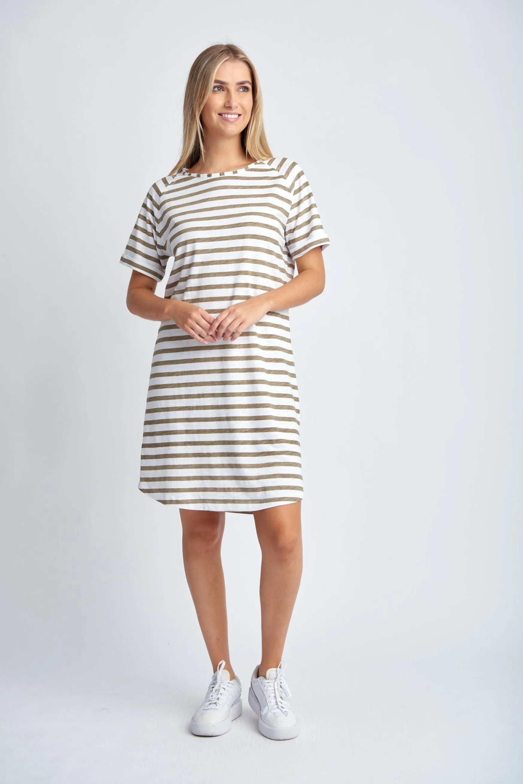 Stripe Raglan Sleeve Cotton Dress White/Twig