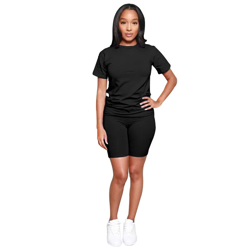 Summer Solid Color Short Sleeve round Neck Pullover Top Two-Piece Urban Casual Shorts Suit Women