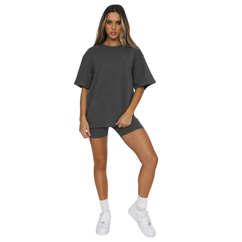 Summer Solid Color Short Sleeve round Neck Pullover Top Urban Casual Shorts Suit Women