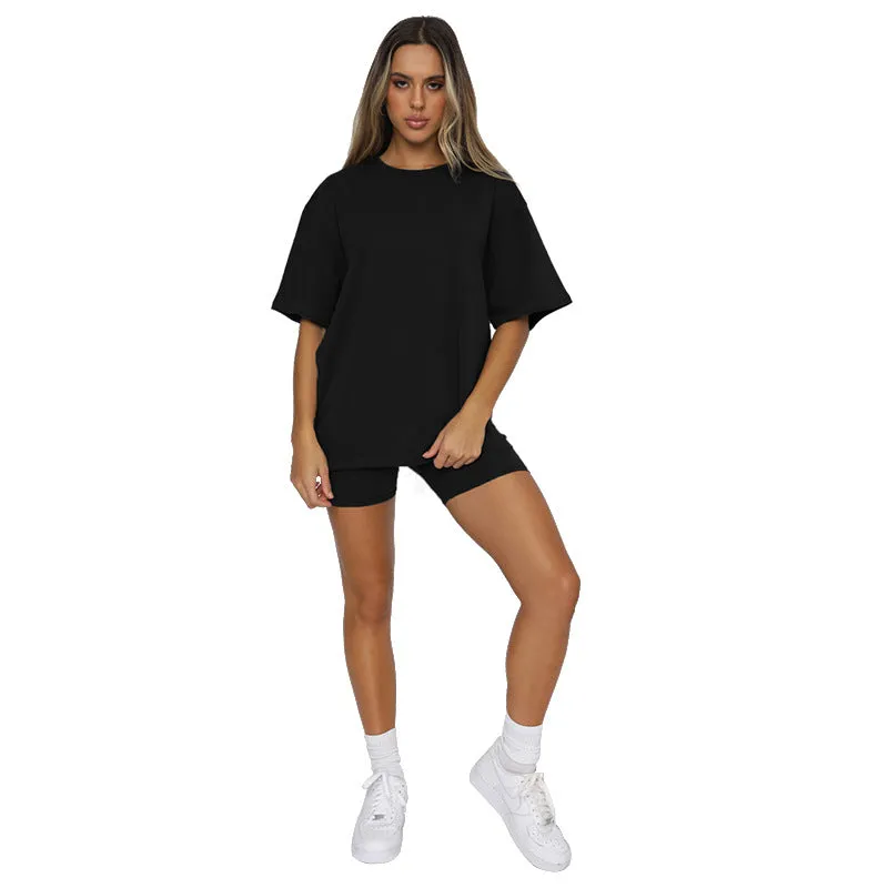 Summer Solid Color Short Sleeve round Neck Pullover Top Urban Casual Shorts Suit Women