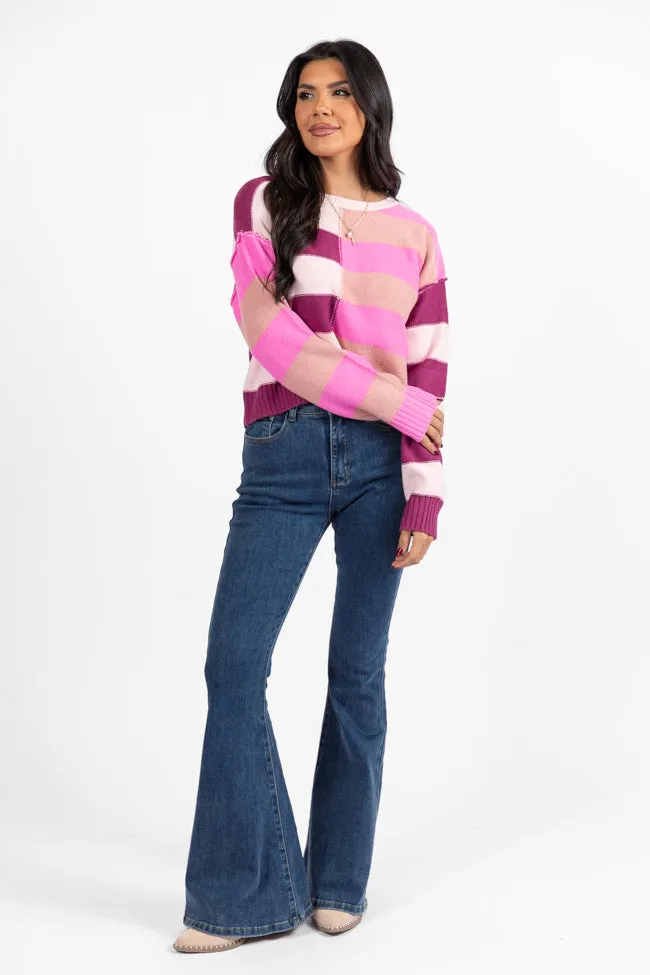 Take Your Time Pink and Berry Multi Color Block Striped Crop Sweater FINAL SALE