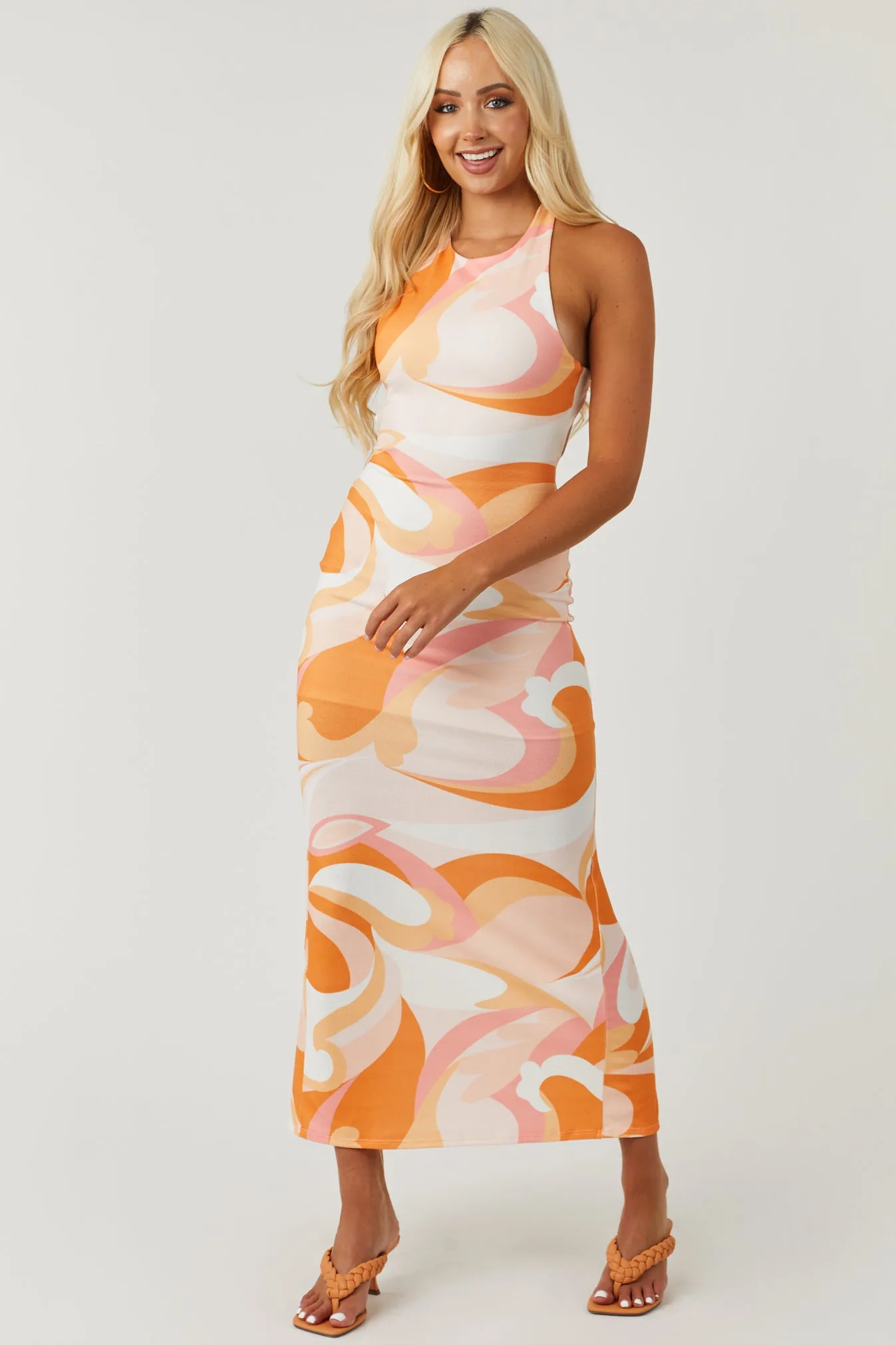 Tangerine Groovy Print Sleeveless Knit Midi Dress