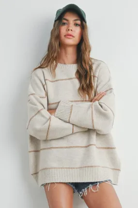 Taupe Striped Drop Shoulder Sweater