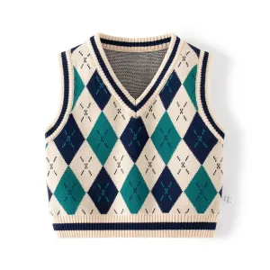 Toddler Kid's Preppy Style Cable Knit Vest, Argyle Pattern Sleeveless Sweater, Baby Boy's Clothing