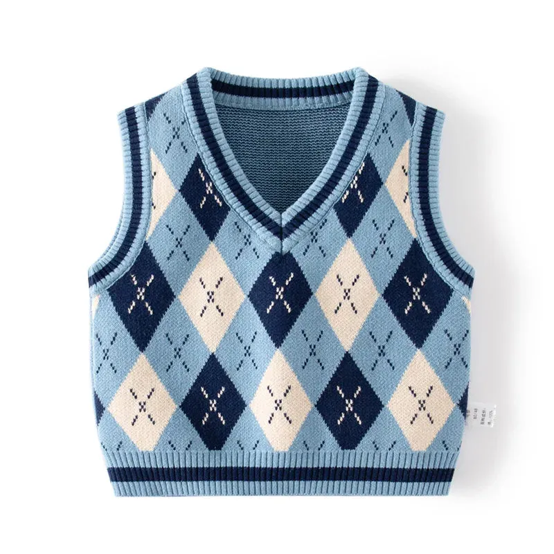 Toddler Kid's Preppy Style Cable Knit Vest, Argyle Pattern Sleeveless Sweater, Baby Boy's Clothing