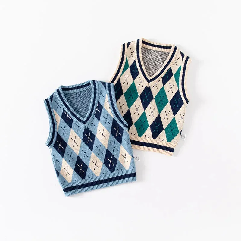 Toddler Kid's Preppy Style Cable Knit Vest, Argyle Pattern Sleeveless Sweater, Baby Boy's Clothing