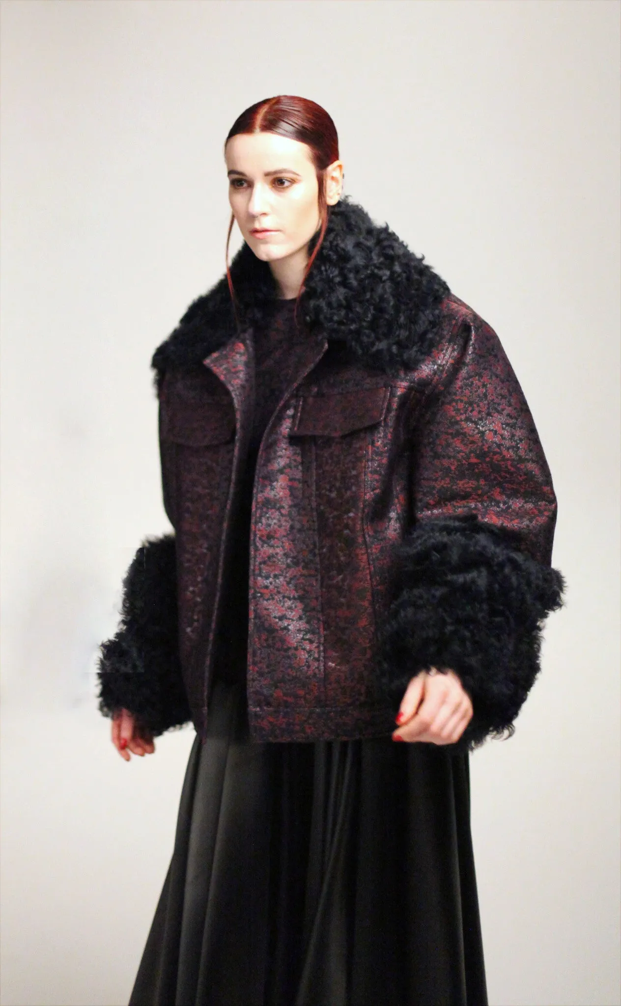 Tonal Brocade "Mave" Jacket with shearling accents