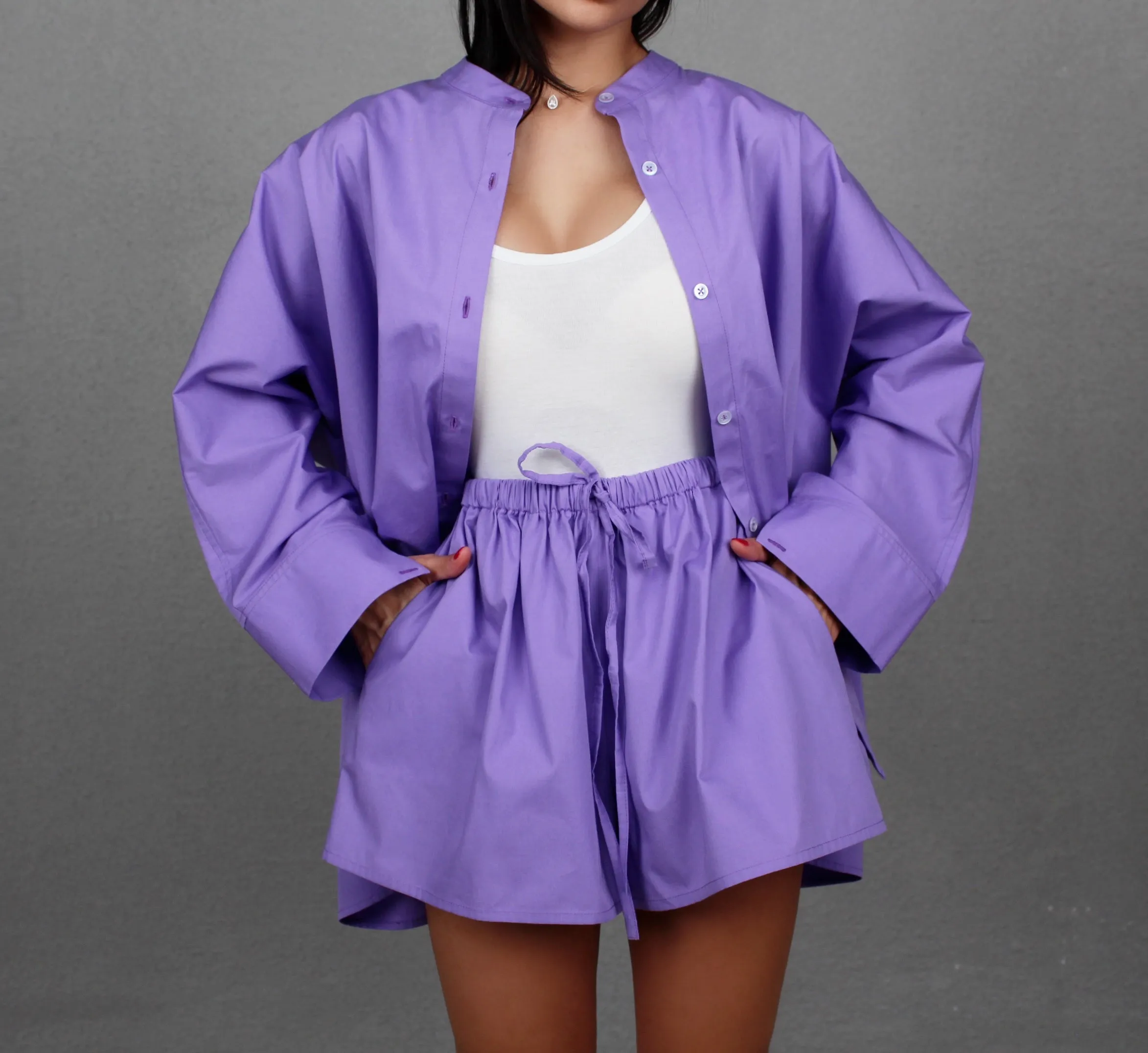 UBE PURPLE COTTON COLLARLESS OVERSIZED SHIRT