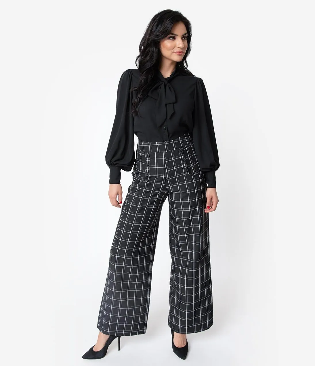 Unique Vintage 1940s Style Black & White Windowpane High Waist Ginger Pants