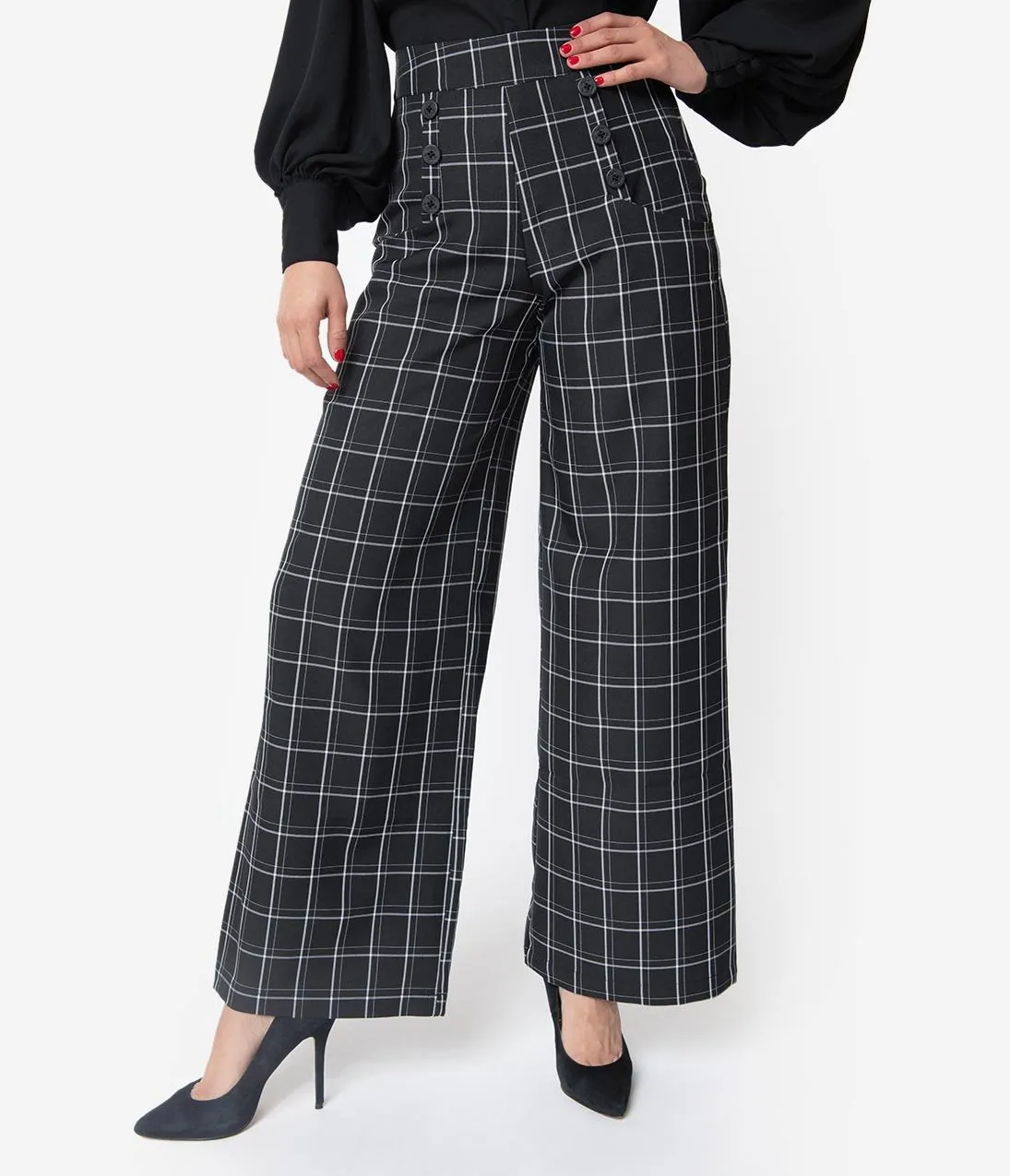 Unique Vintage 1940s Style Black & White Windowpane High Waist Ginger Pants