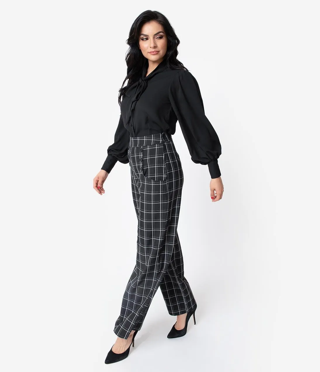 Unique Vintage 1940s Style Black & White Windowpane High Waist Ginger Pants