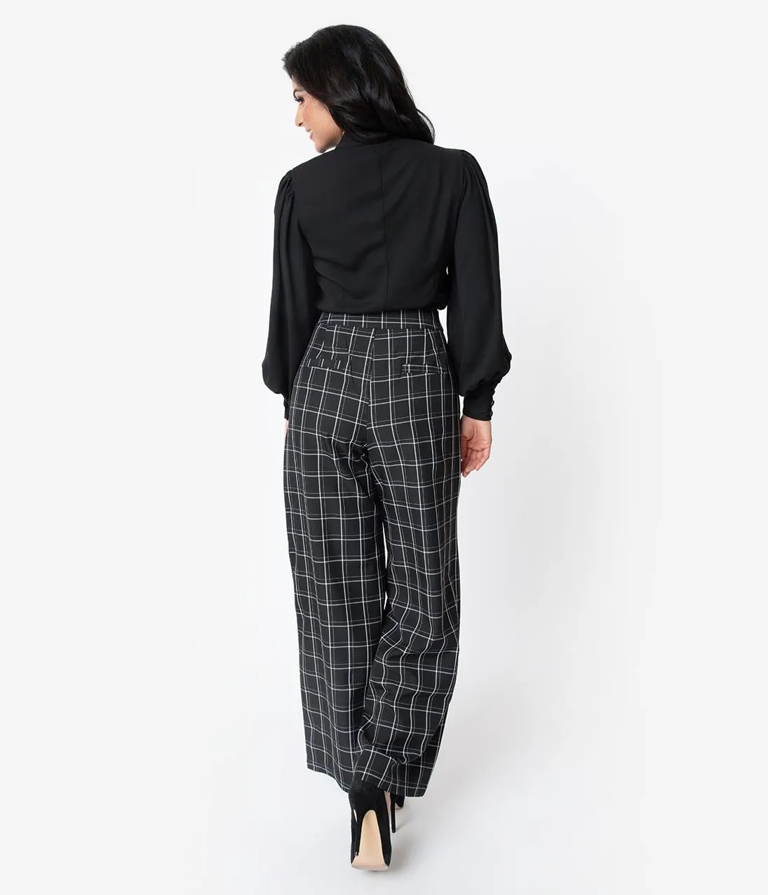 Unique Vintage 1940s Style Black & White Windowpane High Waist Ginger Pants