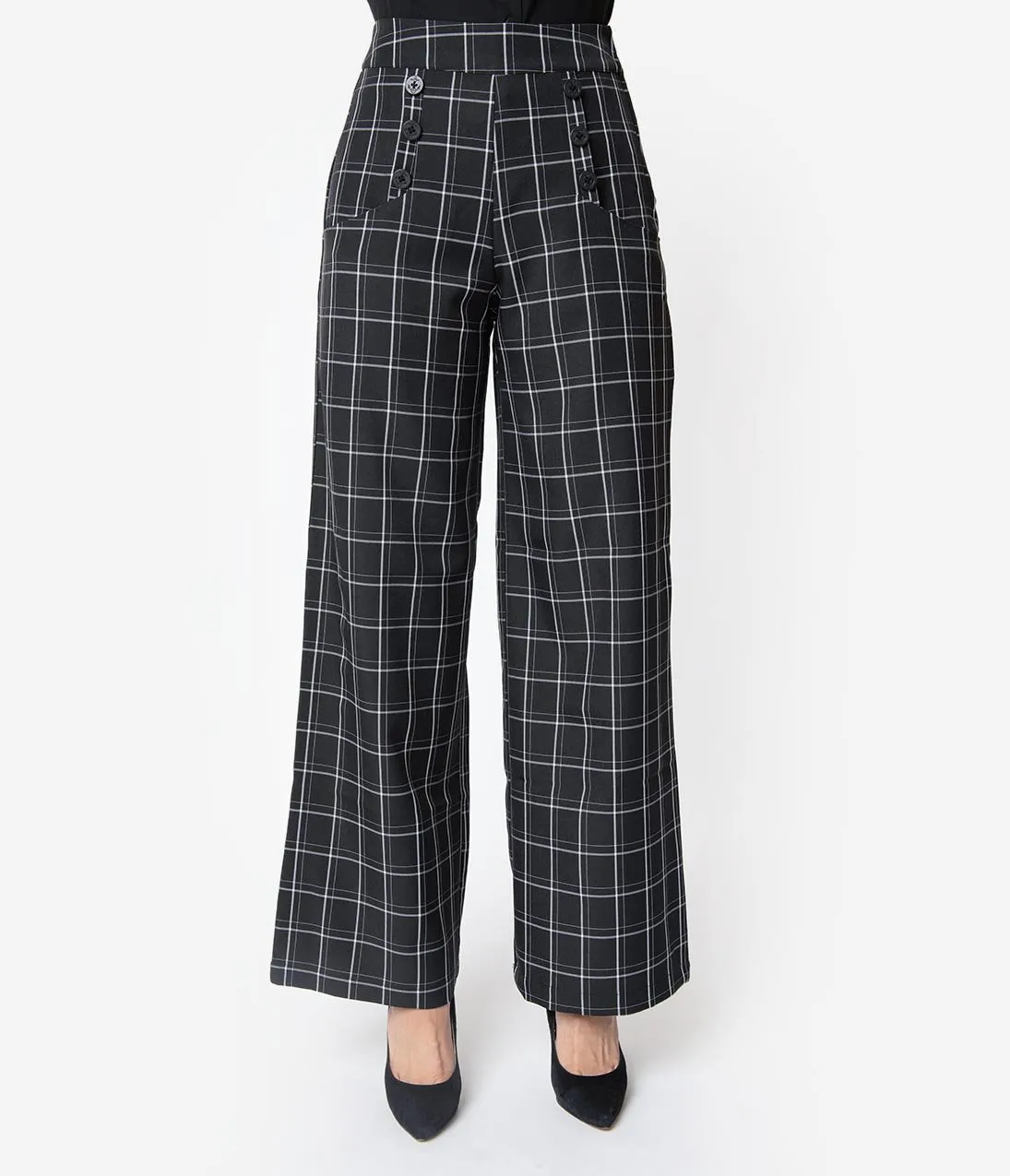 Unique Vintage 1940s Style Black & White Windowpane High Waist Ginger Pants