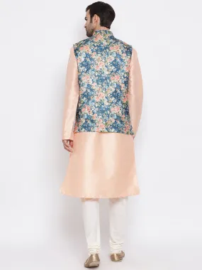 VASTRAMAY Baap Beta Silk Blend Peach Jacket With Peach Kurta Pyjama Set