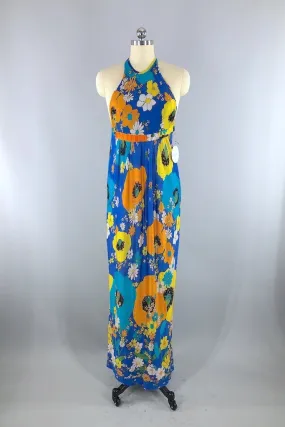 Vintage Mod Floral Halter Maxi Dress