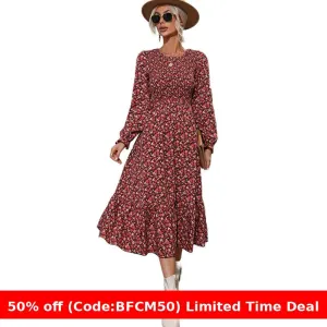 Wenkouban 1980s fashion trends 2024 winter outfits  Black Friday Print V-neck Fairy Dress Women's Clothing Autumn plus Size Temperament Midi Dress Long Sleeve