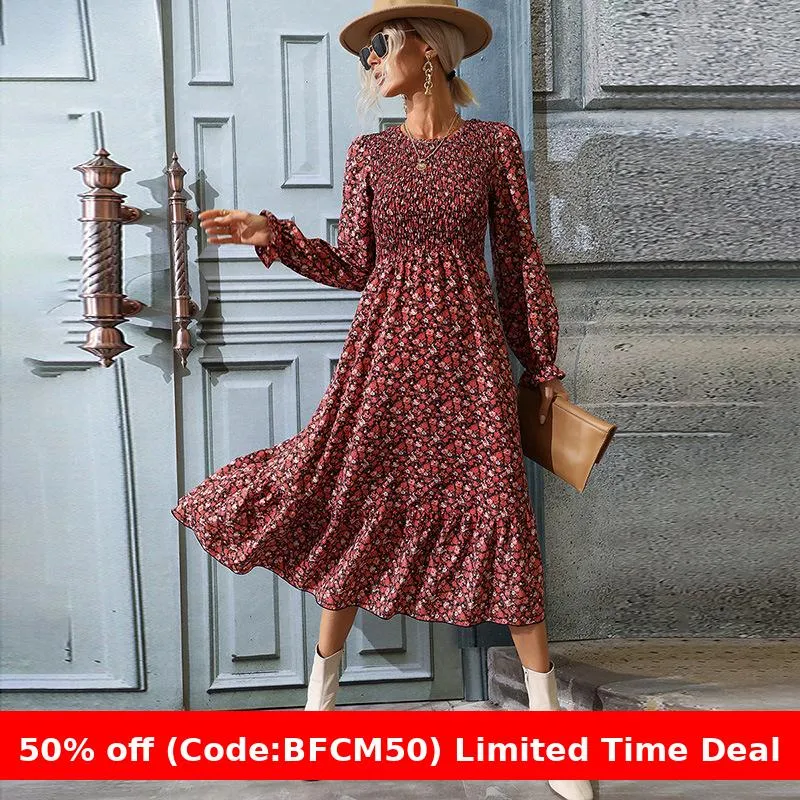 Wenkouban 1980s fashion trends 2024 winter outfits  Black Friday Print V-neck Fairy Dress Women's Clothing Autumn plus Size Temperament Midi Dress Long Sleeve