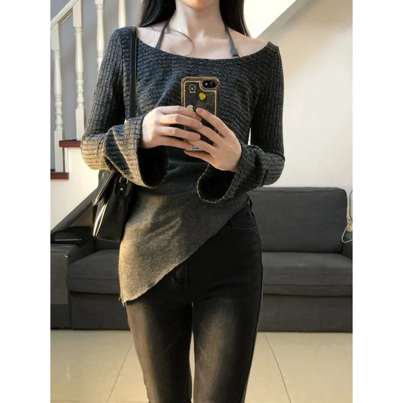 Wenkouban fall outfits women aesthetic American Retro Contrast Color Irregular Separation Design Sense Sling Slimming Knitted Top