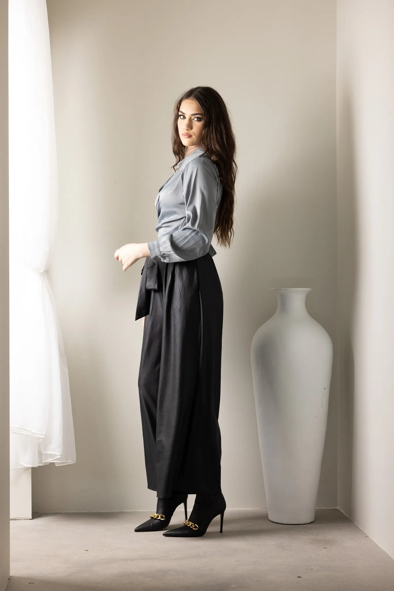 Wet Look Wide Leg Pants