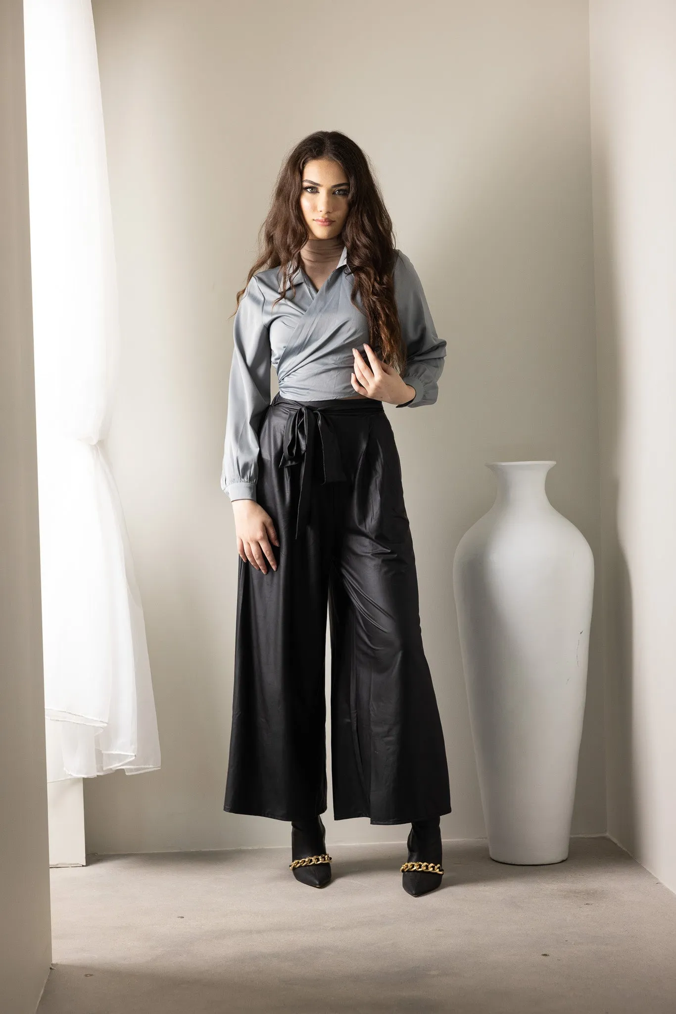 Wet Look Wide Leg Pants