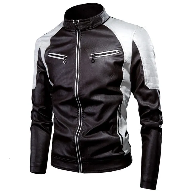 Winter Casual Spliced Fleece Faux Leather Biker Style Men Jacket