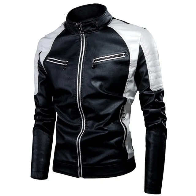 Winter Casual Spliced Fleece Faux Leather Biker Style Men Jacket