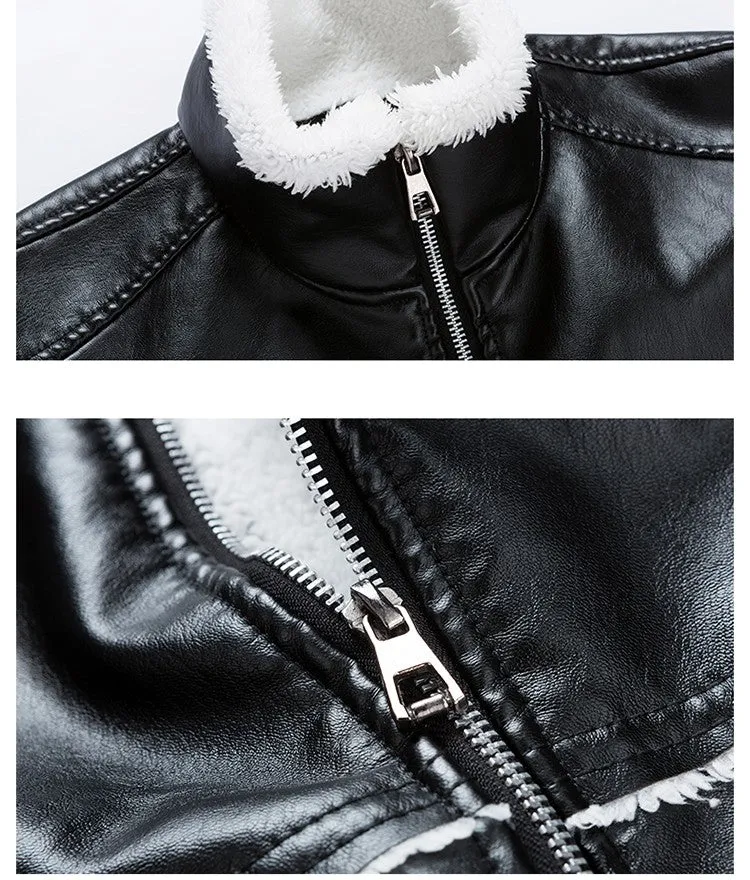 Winter Thick Collar Fleece Men PU Leather Jacket