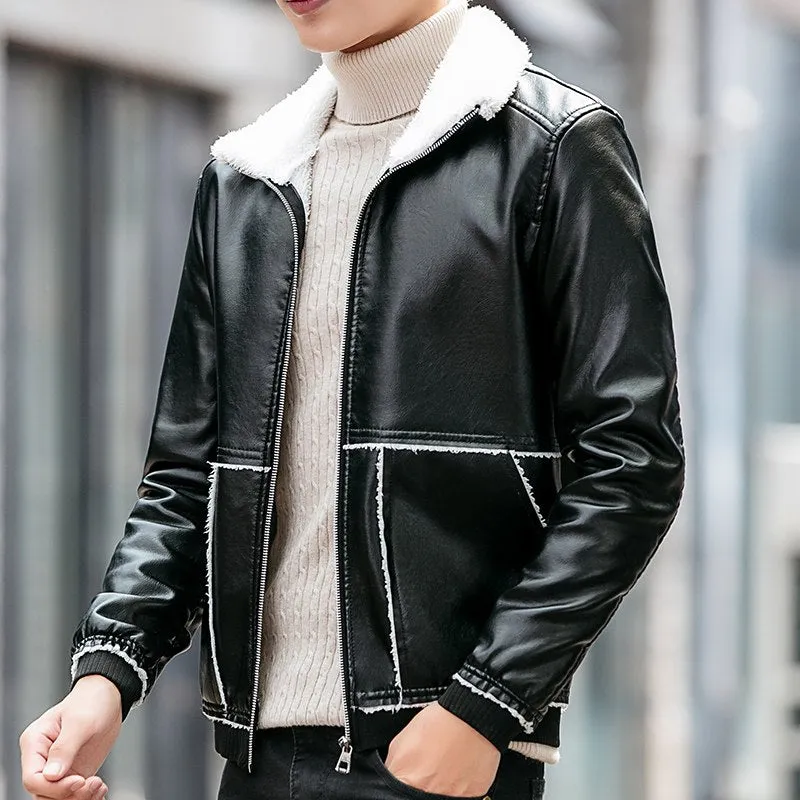 Winter Thick Collar Fleece Men PU Leather Jacket