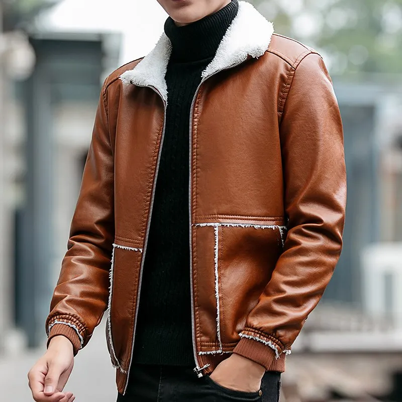 Winter Thick Collar Fleece Men PU Leather Jacket