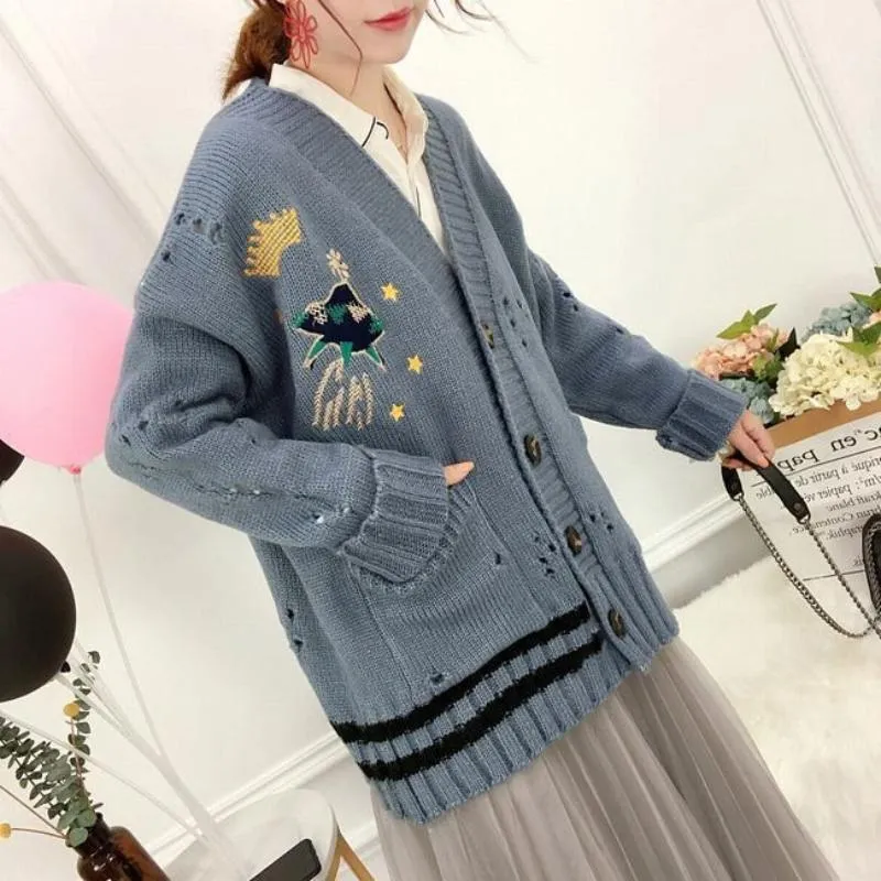 Winter V-Neck Knit Sweater with Crown and UFO Embroidery