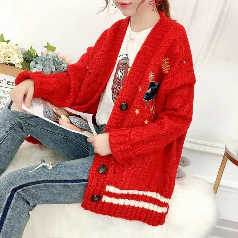 Winter V-Neck Knit Sweater with Crown and UFO Embroidery