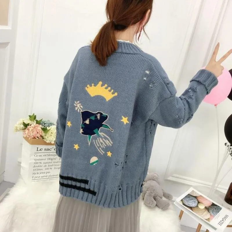 Winter V-Neck Knit Sweater with Crown and UFO Embroidery