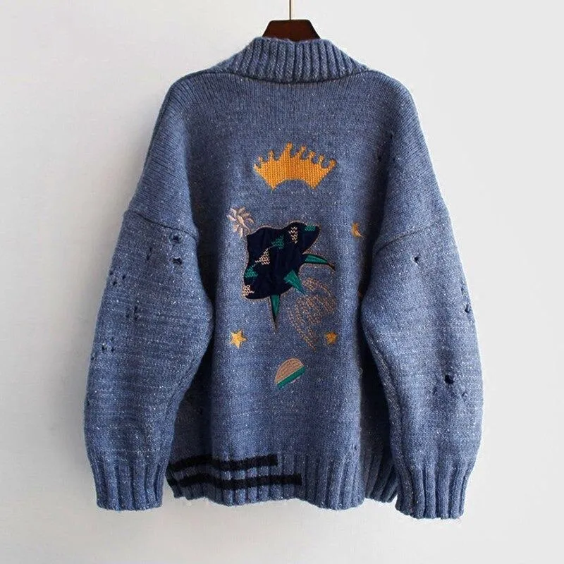 Winter V-Neck Knit Sweater with Crown and UFO Embroidery