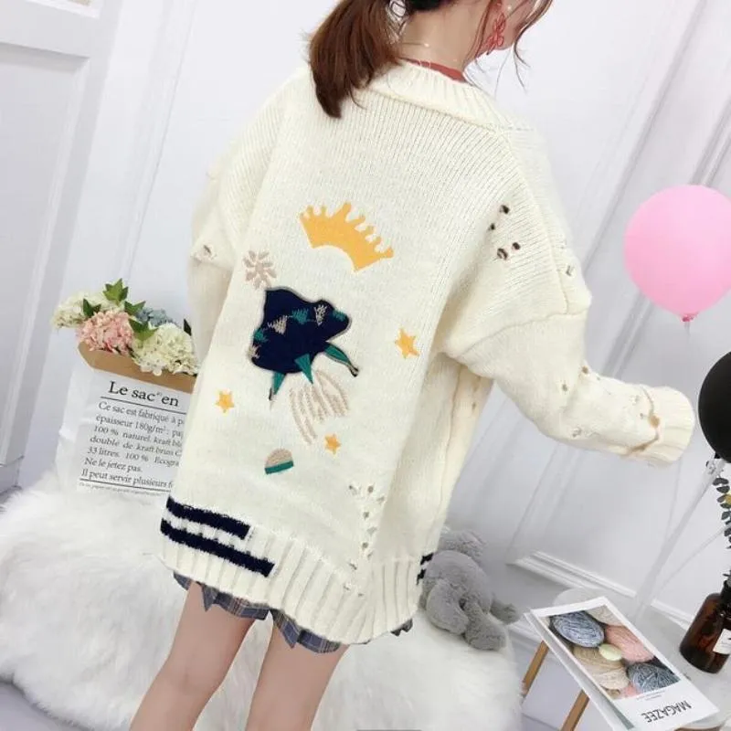 Winter V-Neck Knit Sweater with Crown and UFO Embroidery