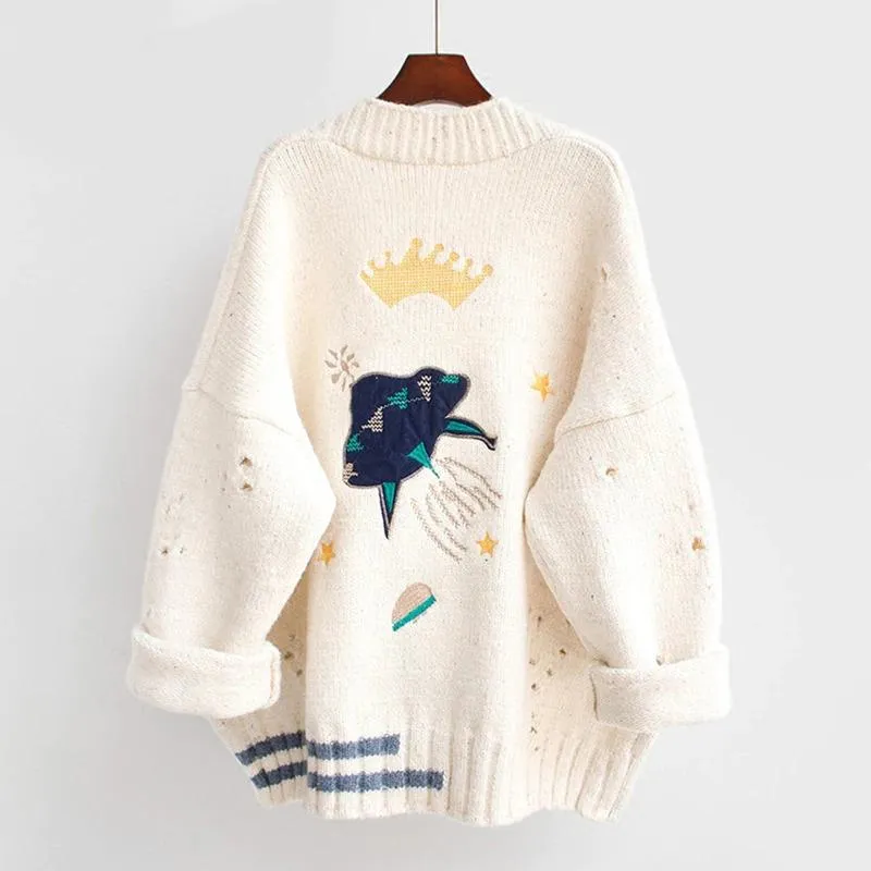 Winter V-Neck Knit Sweater with Crown and UFO Embroidery