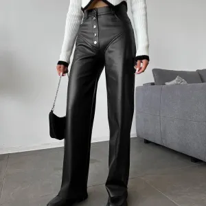 Women Autumn Winter High Waist Leather Stitching Trousers Women Casual Pants Leather Pants