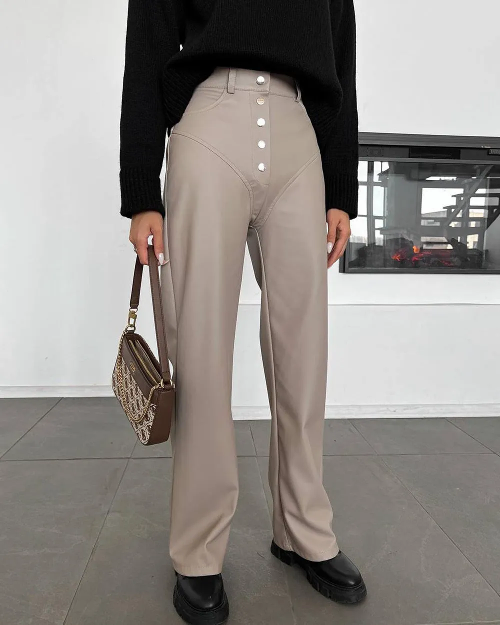 Women Autumn Winter High Waist Leather Stitching Trousers Women Casual Pants Leather Pants